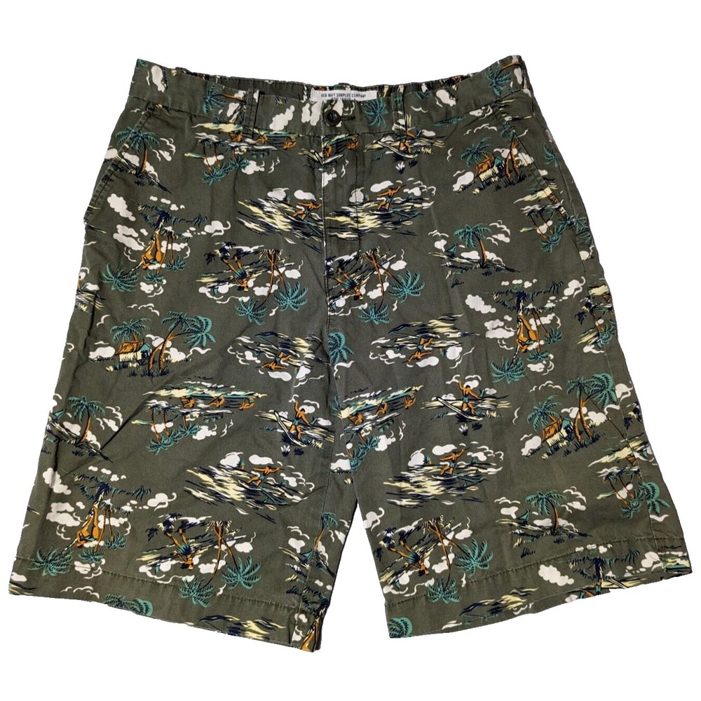 OLD NAVY SURPLUS CO Men 34 Green Cotton RETRO HAWAIIAN SURF AOP 11" Shorts